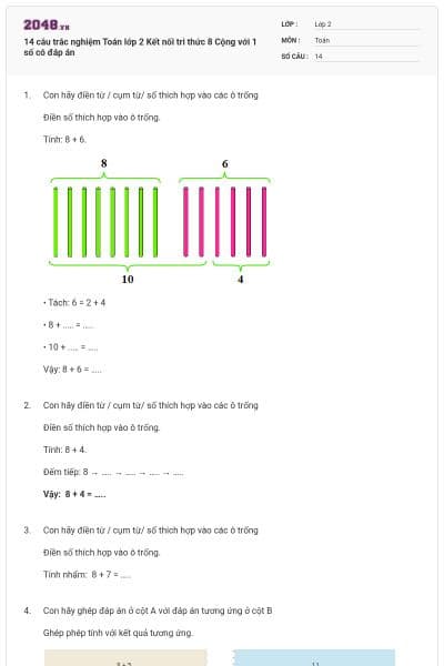 14 câu trắc nghiệm Toán lớp 2 Kết nối tri thức 8 Cộng với 1 số có đáp án