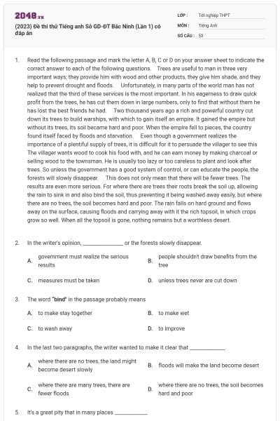 (2023) Đề thi thử Tiếng anh Sở GD-ĐT Bắc Ninh (Lần 1) có đáp án