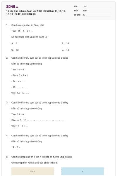 15 câu trắc nghiệm Toán lớp 2 Kết nối tri thức 14, 15, 16, 17, 18 Trừ đi 1 số có đáp án