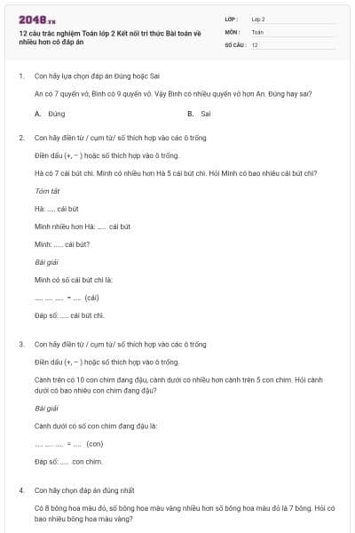 12 câu trắc nghiệm Toán lớp 2 Kết nối tri thức Bài toán về nhiều hơn có đáp án