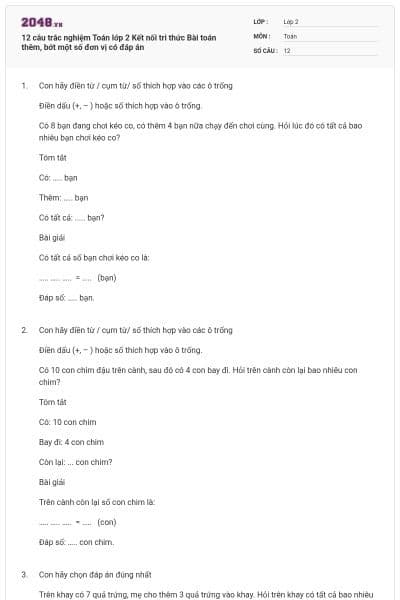 12 câu trắc nghiệm Toán lớp 2 Kết nối tri thức Bài toán thêm, bớt một số đơn vị có đáp án