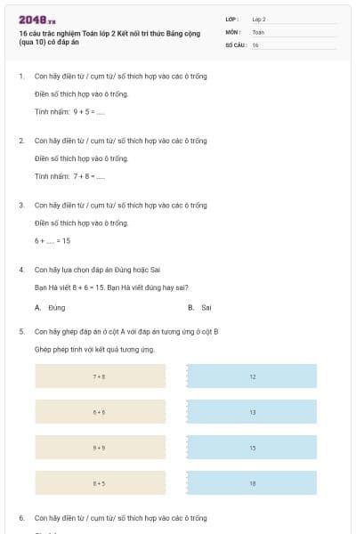 16 câu trắc nghiệm Toán lớp 2 Kết nối tri thức Bảng cộng (qua 10) có đáp án
