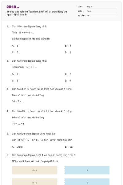 16 câu trắc nghiệm Toán lớp 2 Kết nối tri thức Bảng trừ (qua 10) có đáp án