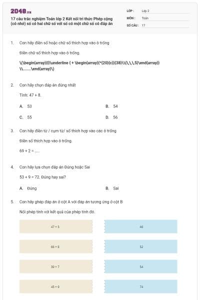 17 câu trắc nghiệm Toán lớp 2 Kết nối tri thức Phép cộng (có nhớ) số có hai chữ số với số có một chữ số có đáp án