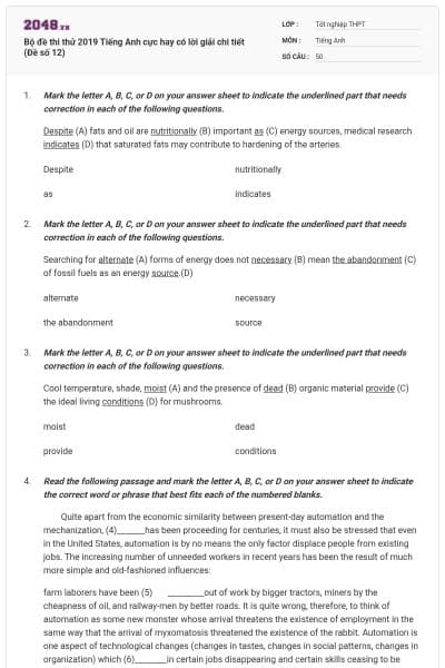 Bộ đề thi thử 2019 Tiếng Anh cực hay có lời giải chi tiết (Đề số 12)
