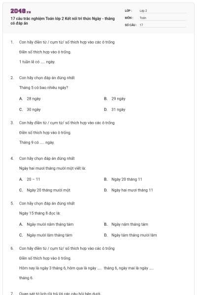 17 câu trắc nghiệm Toán lớp 2 Kết nối tri thức Ngày - tháng có đáp án