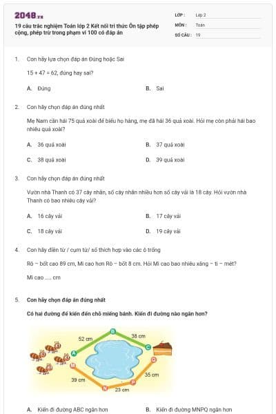 19 câu trắc nghiệm Toán lớp 2 Kết nối tri thức Ôn tập phép cộng, phép trừ trong phạm vi 100 có đáp án