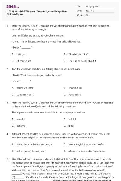 (2023) Đề thi thử Tiếng anh Sở giáo dục và đào tạo Nam Định có đáp án