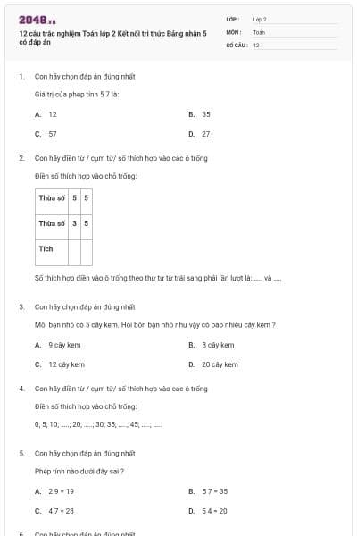 12 câu trắc nghiệm Toán lớp 2 Kết nối tri thức Bảng nhân 5 có đáp án