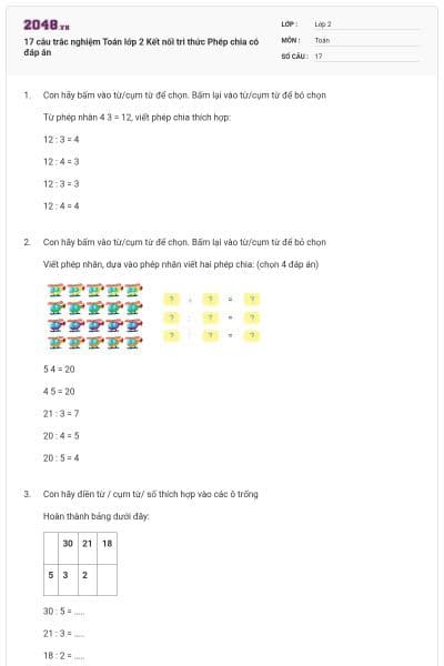 17 câu trắc nghiệm Toán lớp 2 Kết nối tri thức Phép chia có đáp án