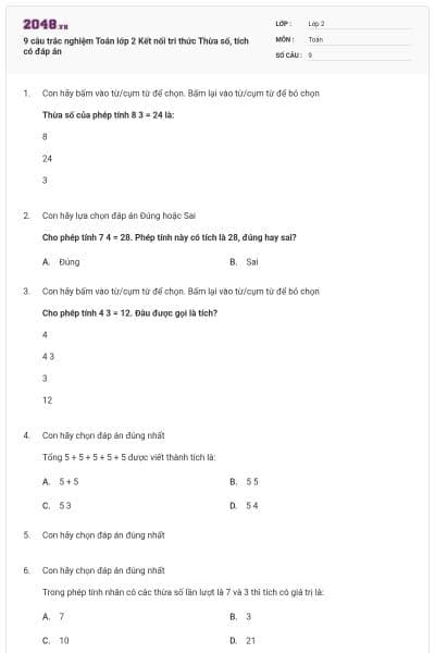 9 câu trắc nghiệm Toán lớp 2 Kết nối tri thức Thừa số, tích có đáp án