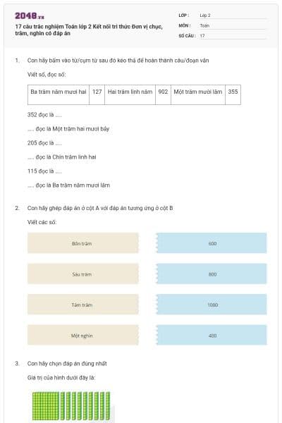 17 câu trắc nghiệm Toán lớp 2 Kết nối tri thức Đơn vị chục, trăm, nghìn có đáp án