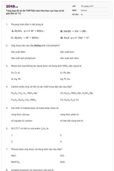 Tổng hợp đề ôn thi THPTQG môn Hóa Học cực hay có lời giải (Đề số 17)