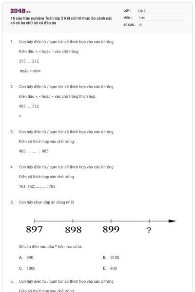 16 câu trắc nghiệm Toán lớp 2 Kết nối tri thức So sánh các số có ba chữ số có đáp án