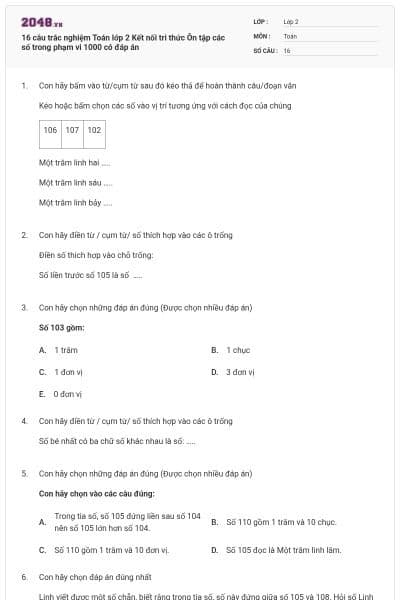 16 câu trắc nghiệm Toán lớp 2 Kết nối tri thức Ôn tập các số trong phạm vi 1000 có đáp án