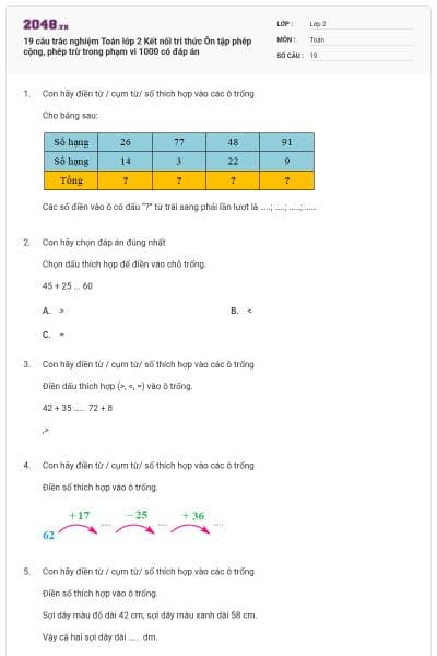 19 câu trắc nghiệm Toán lớp 2 Kết nối tri thức Ôn tập phép cộng, phép trừ trong phạm vi 1000 có đáp án