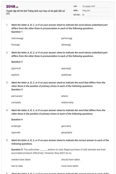 Tuyển tập đề thi thử Tiếng Anh cực hay có lời giải (Đề số 27)