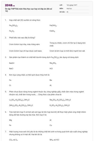 Ôn tập THPTGQ môn Hóa Học cực hay có đáp án (Đề số 16)