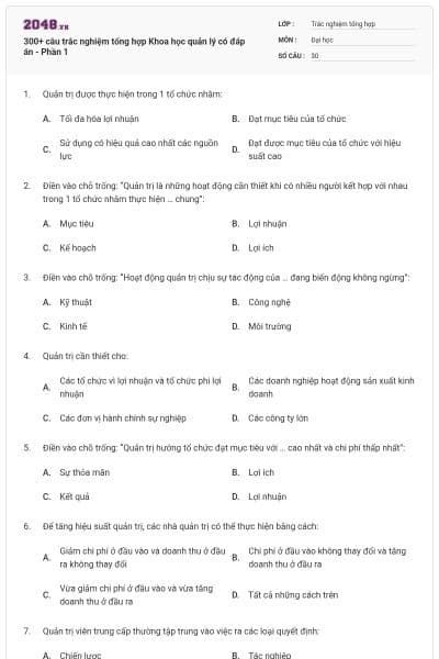 300+ câu trắc nghiệm tổng hợp Khoa học quản lý có đáp án - Phần 1