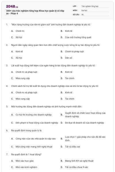 300+ câu trắc nghiệm tổng hợp Khoa học quản lý có đáp án - Phần 4