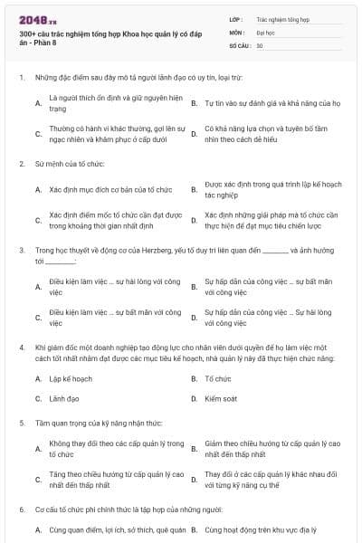 300+ câu trắc nghiệm tổng hợp Khoa học quản lý có đáp án - Phần 8