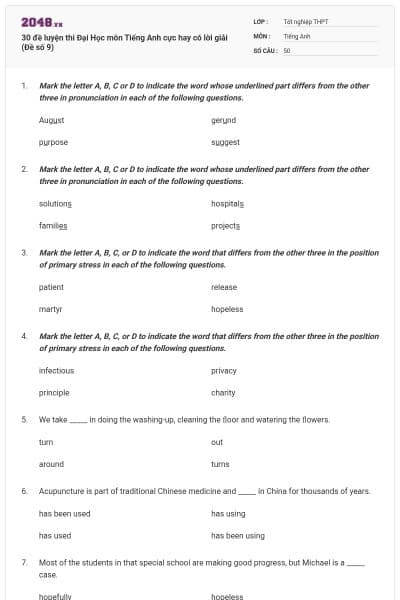 30 đề luyện thi Đại Học môn Tiếng Anh cực hay có lời giải (Đề số 9)