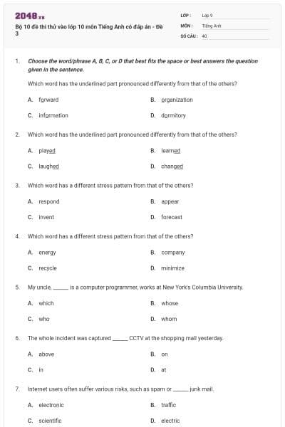 Bộ 10 đề thi thử vào lớp 10 môn Tiếng Anh có đáp án - Đề 3
