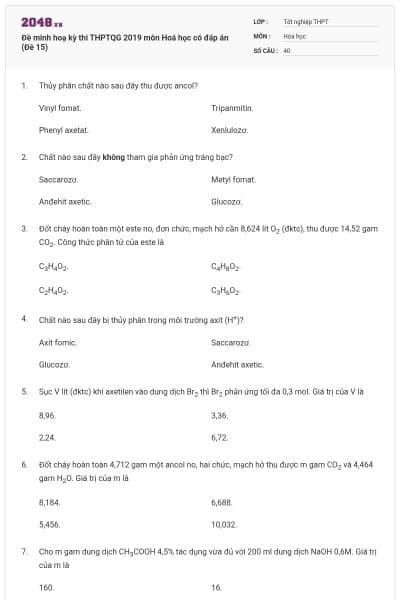 Đề minh hoạ kỳ thi THPTQG 2019 môn Hoá học có đáp án (Đề 15)