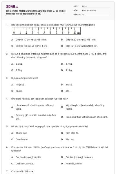 Đề kiểm tra KHTN 6 Chân trời sáng tạo Phần 2. Đề thi kết thúc học kì I có đáp án (Đề số 56)