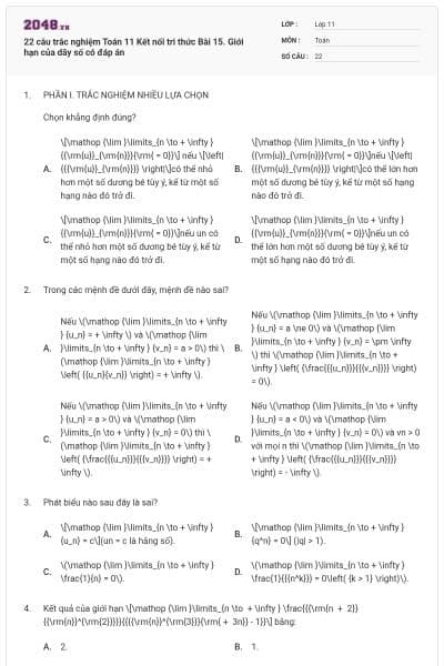 22 câu trắc nghiệm Toán 11 Kết nối tri thức Bài 15. Giới hạn của dãy số có đáp án