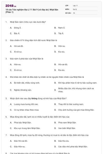18 câu Trắc nghiệm Địa Lí 11 Bài 9 (có đáp án): Nhật Bản (Phần 1)