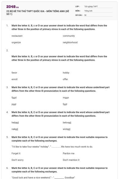 25 BỘ ĐỀ THI THỬ THPT QUỐC GIA - MÔN TIẾNG ANH (ĐỀ SỐ 1)