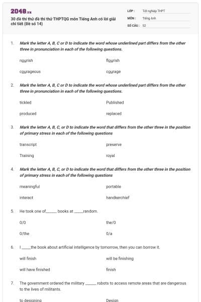 30 đề thi thử đề thi thử THPTQG môn Tiếng Anh có lời giải chi tiết (Đề số 14)