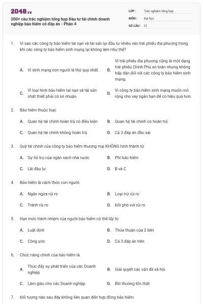 200+ câu trắc nghiệm tổng hợp Đầu tư tài chính doanh nghiệp bảo hiểm có đáp án - Phần 4