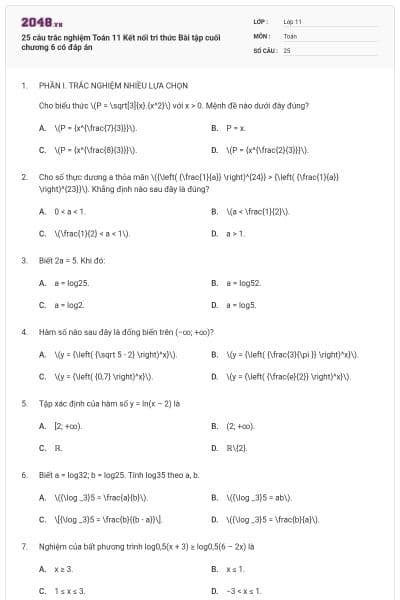 25 câu trắc nghiệm Toán 11 Kết nối tri thức Bài tập cuối chương 6 có đáp án