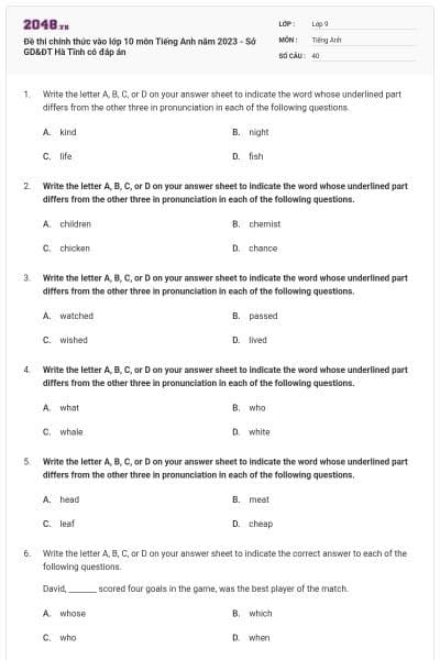 Đề thi chính thức vào lớp 10 môn Tiếng Anh năm 2023 - Sở GD&ĐT Hà Tĩnh có đáp án