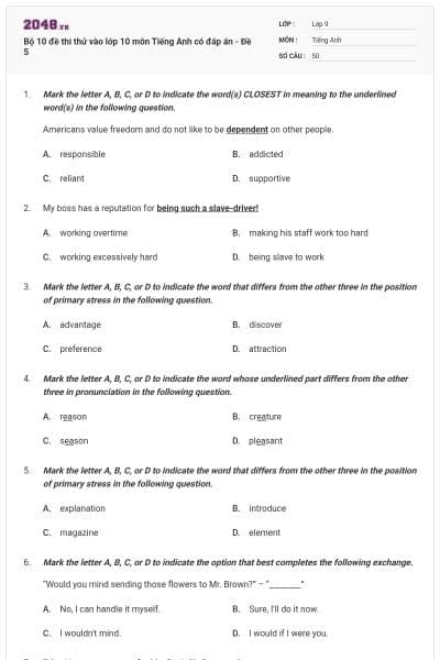 Bộ 10 đề thi thử vào lớp 10 môn Tiếng Anh có đáp án - Đề 5