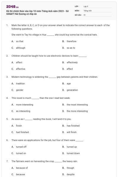 Đề thi chính thức vào lớp 10 môn Tiếng Anh năm 2023 - Sở GD&ĐT Hải Dương có đáp án