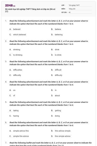 Đề minh họa tốt nghiệp THPT Tiếng Anh có đáp án (Đề số 27)