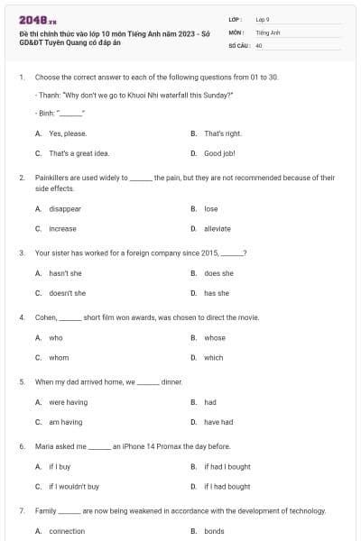 Đề thi chính thức vào lớp 10 môn Tiếng Anh năm 2023 - Sở GD&ĐT Tuyên Quang có đáp án