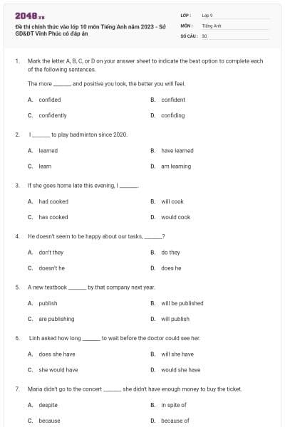 Đề thi chính thức vào lớp 10 môn Tiếng Anh năm 2023 - Sở GD&ĐT Vĩnh Phúc có đáp án