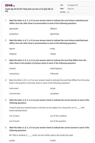 Tuyển tập đề thi thử Tiếng Anh cực hay có lời giải (Đề số 28)