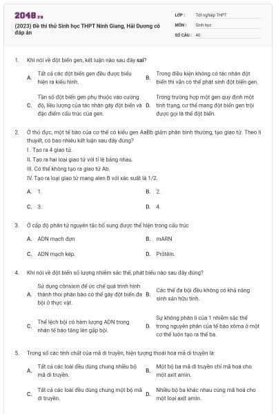 (2023) Đề thi thử Sinh học THPT Ninh Giang, Hải Dương có đáp án