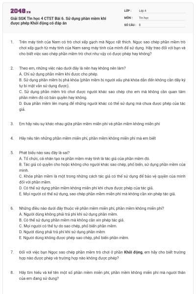 Giải SGK Tin học 4 CTST Bài 6. Sử dụng phần mềm khi được phép Khởi động có đáp án