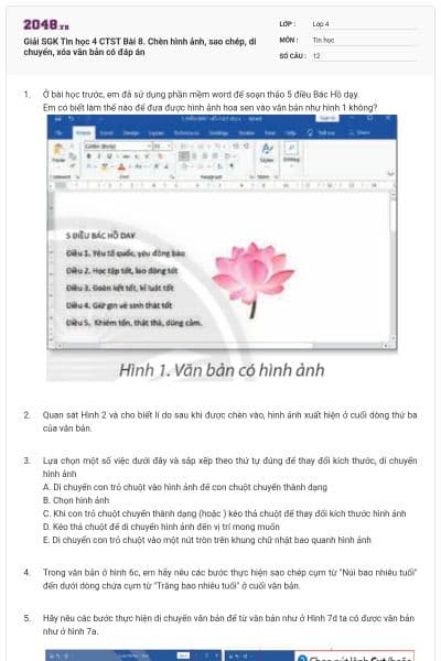 Giải SGK Tin học 4 CTST Bài 8. Chèn hình ảnh, sao chép, di chuyển, xóa văn bản có đáp án