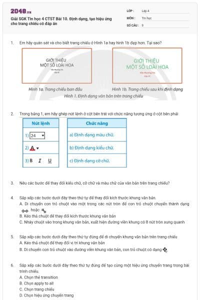 Giải SGK Tin học 4 CTST Bài 10. Định dạng, tạo hiệu ứng cho trang chiếu có đáp án