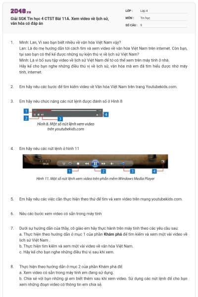 Giải SGK Tin học 4 CTST Bài 11A. Xem video về lịch sử, văn hóa có đáp án