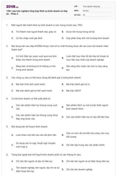 100+ câu trắc nghiệm tổng hợp Khởi sự kinh doanh có đáp án - Phần 2