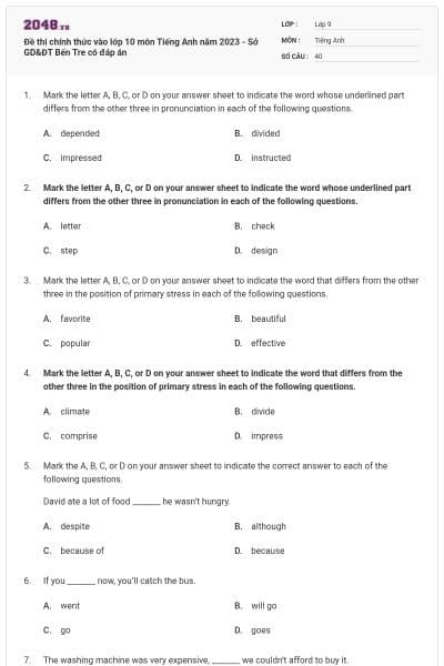 Đề thi chính thức vào lớp 10 môn Tiếng Anh năm 2023 - Sở GD&ĐT Bến Tre có đáp án
