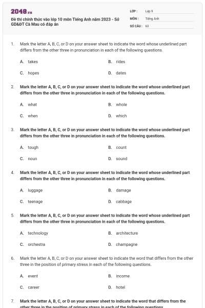 Đề thi chính thức vào lớp 10 môn Tiếng Anh năm 2023 - Sở GD&ĐT Cà Mau có đáp án